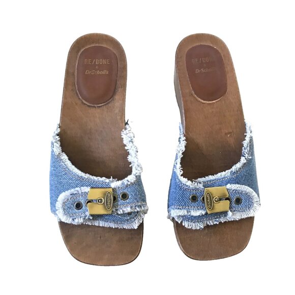 NEW Re/Done x Dr Scholl's Sandals Womens 36 6 Blue Washed Denim Wood Sole Buckle - Picture 3 of 11